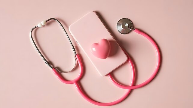 Pink stethoscope phone and heart symbolizing digital health and care - Powered by Adobe