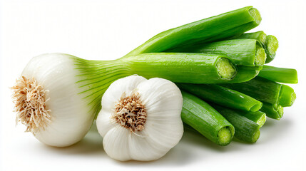 Fresh garlic with green stems, Whole young garlic bunch