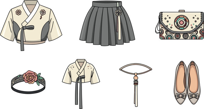 Korean Traditional Clothing and Accessories Set - Vector Art