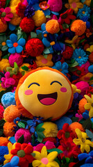adorable emoji seamless wallpaper design Cheerful emoji pillow among vibrant flowers. kawaii smiley face digital background pastel cute emoji pattern for phone wallpaper