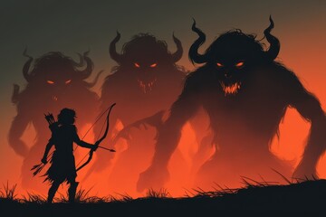 In the fading light of dusk, an archer clad in traditional attire faces a fearsome multi-headed demon. The dramatic shadows enhance the epic confrontation's intensity and suspense