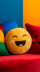 adorable emoji seamless wallpaper design Colorful emoji pillows on a vibrant couch. kawaii smiley face digital background pastel cute emoji pattern for phone wallpaper