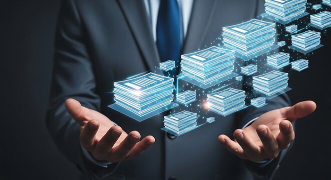Businessman presents glowing document stacks showcasing data management and information technology