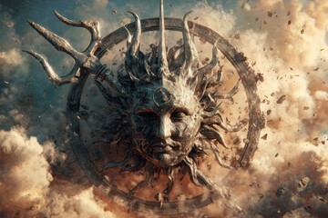 An artistic representation of a sun and moon face with a trident, crafted from shimmering metal, surrounded by ethereal clouds, bathed in warm, radiant light, creating a divine atmosphere