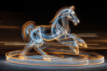 A luminous neon horse in mid-stride, surrounded by swirling light trails, showcasing dynamic movement against a dark, moody backdrop