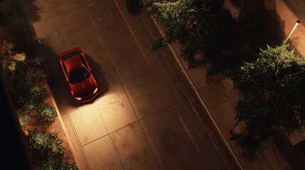 Overhead view of a single red car driving down a dark, narrow street at night illuminated by its own headlights