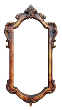 A vertical antique wooden frame with carved ornaments, isolated on a transparent background.
