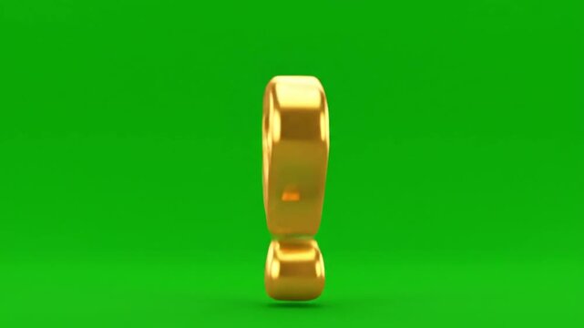 Shiny golden 3d question mark symbol floating against a vibrant green screen background for easy keying