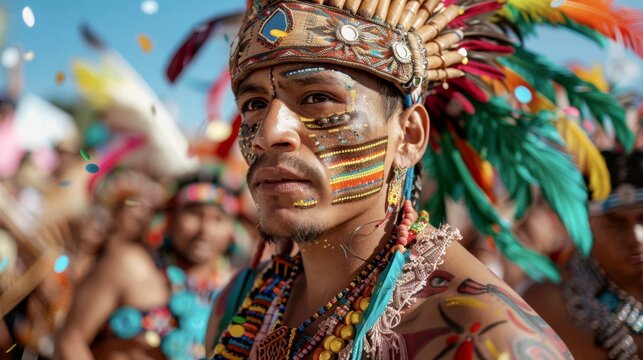  a Conchero or Aztec dancer in mid-movement during a street parade