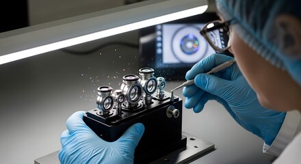 Person in lab coat assembling optical components with tweezers under bright light on a workbench