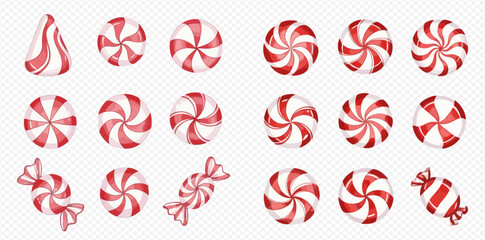 A collection of various red and white striped candies, including round peppermint swirls, a striped kiss, and wrapped sweets, on a transparent background.