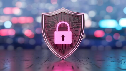 Vibrant digital shield with glowing pink padlock and circuit board texture symbolizing cybersecurity, data protection, and online safety in a futuristic bokeh background
