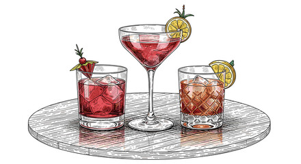 Assorted cocktails served on a circular tray with garnishes  
