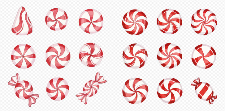 A collection of various red and white striped candies, including round peppermint swirls, a striped kiss, and wrapped sweets, on a transparent background.