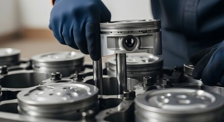 Mechanic installing piston into engine block wearing blue gloves in a workshop environment setting scene