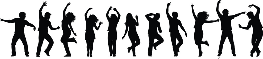 Energetic group of dancing people silhouettes celebrating movement, joyful party crowd dancing together, active dancers expressing happiness, unity, rhythm, excitement, celebration