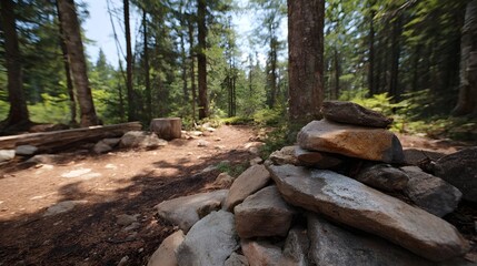 Fototapeta premium A sunlit forest trail winds through dense trees with a rustic stone cairn marking the path ahead
