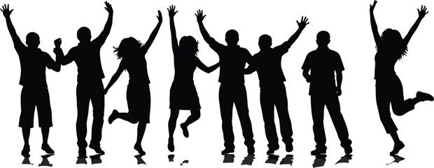 Energetic group of young people celebrating together in joyful silhouettes, jumping with raised hands, expressing happiness, freedom, teamwork, unity, and positivity outdoors
