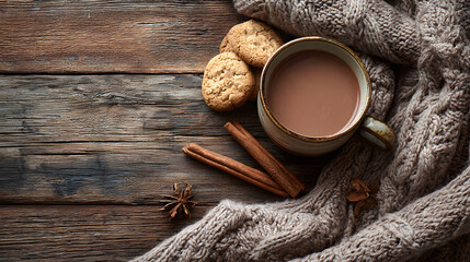 Cozy rustic hot chocolate layout with mug, cinnamon, cookies and soft blanket on wood, center free
