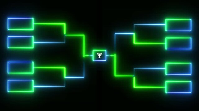 Animation of neon glowing team Tournament bracket templates isolated on black background. Championship bracket schedule for soccer, football, basketball, baseball or tennis.