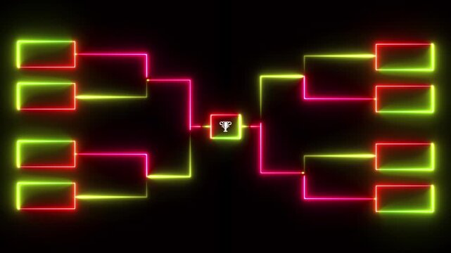 Animation of neon glowing team Tournament bracket templates isolated on black background. Championship bracket schedule for soccer, football, basketball, baseball or tennis.