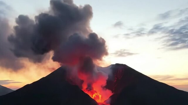 Time lapse sequence of a volcanic eruption, from initial rumblings to explosive ash columns and subsequent lava flows, illustrating the dynamic geological process.