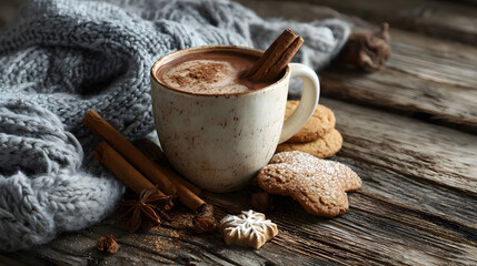 Cozy rustic hot chocolate layout with mug, cinnamon, cookies and soft blanket on wood, center free