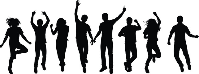 Energetic group of young people jumping in celebration, expressing joy, freedom, happiness, movement, unity, teamwork, positive energy, dynamic silhouettes together