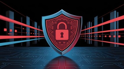 Dynamic digital shield with glowing padlock symbolizes advanced cyber security and data protection in a futuristic network environment