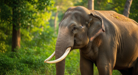 Fototapeta premium Majestic Indian Elephant with Impressive Tusks, Bathed in Golden Sunlight, Standing Serenely in a Lush Green Forest Environment