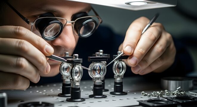 A watchmaker carefully assembles watch parts using tweezers and a magnifying glass under bright light