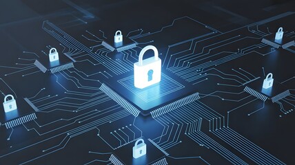 Illuminated digital locks secure glowing circuit board pathways symbolizing robust cybersecurity and protected data integrity in a modern technological landscape