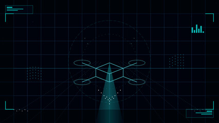 Futuristic heads up display screen showing a glowing wireframe drone model on a dark grid background
