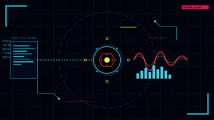Futuristic user interface screen displaying data processing streams and audio synthesis visualization