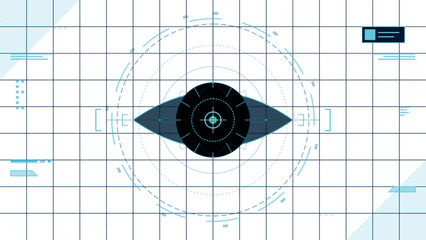 Futuristic digital eye scanning interface with HUD elements on a white grid background