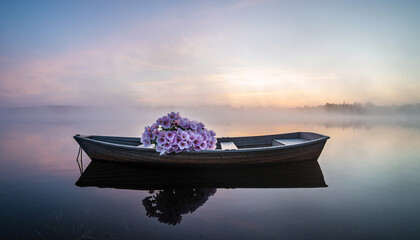 Wooden Rowboat with Purple Flowers Floating on Misty Lake at Dawn
