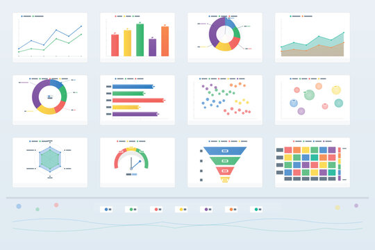 Colorful data visualization charts including line graphs bar charts pie diagrams and funnel charts