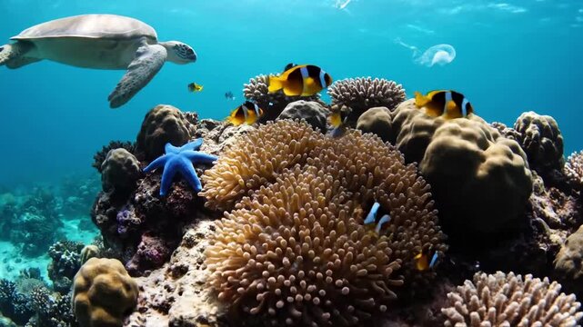 Expansive Coral Garden Vibrant Underwater Coral Reef Ecosystem Wide shot, establishing shot Cinematic, natural light, high definition, immersive, detailed, slow motion (optional for some shots).
