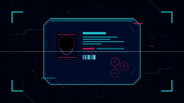 Futuristic digital identity card interface with holographic data fields and grid background