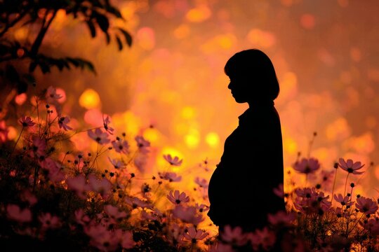 A pregnant woman in a vibrant flower field at sunset, soft golden light illuminating her silhouette, evoking warmth and serenity