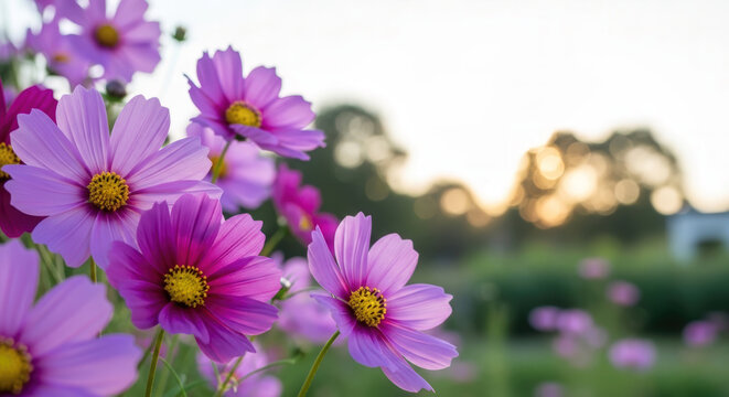 Vibrant purple sweet cosmos flowers blooming gracefully in a sunlit garden, offering a picturesque backdrop and ample copy space.