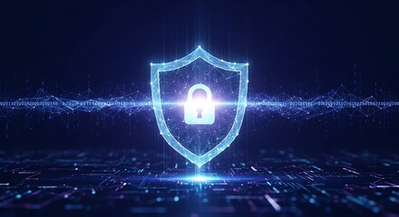Digital security concept showing glowing shield and padlock over circuit board