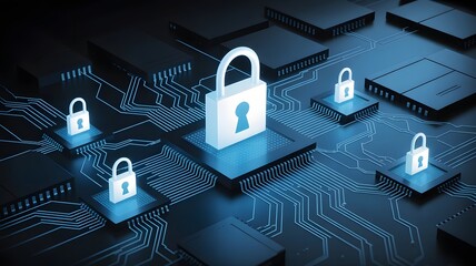Digital fortress secured by glowing padlocks on circuit boards, symbolizing robust cybersecurity and data protection for modern businesses.