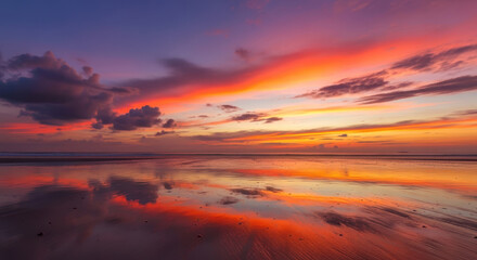 Fototapeta premium Vibrant Phuket Sunset Painting the Twilight Sky and Wet Sand with Fiery Hues, Reflecting Over the Indian Ocean in Thailand.
