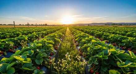 Sunrise Illuminates a Vibrant Strawberry Field, Showcasing Rows of Lush Green Plants and Ripe Red Berries
