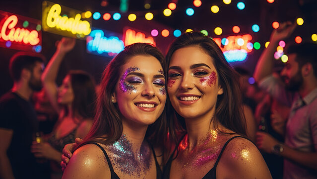 Friends celebrating with glitter makeup and glow accessories at a party