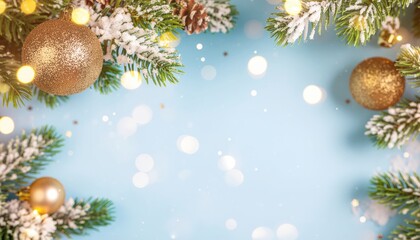 Festive holiday decorations with golden ornaments and snowy pine cozy atmosphere christmas celebration warm lighting top-down view of seasonal elements