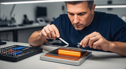 Man repairing a smartphone screen with tools on a workbench under bright light in a workshop area