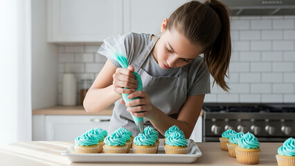 Young girl diligently decorating cupcakes with green frosting in a modern kitchen