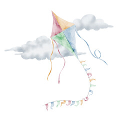 Kite watercolor illustration with Clouds in the sky. Drawing of flying Toy in pastel colors for Baby shower greeting cards or childish Birthday party invitations. Airy composition for nursery poster.